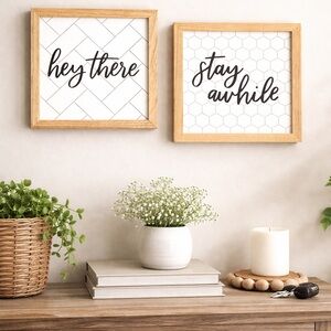 Inspirational Framed Wall Art Decor Set | “Hey There” & “Stay Awhile” Farmhouse